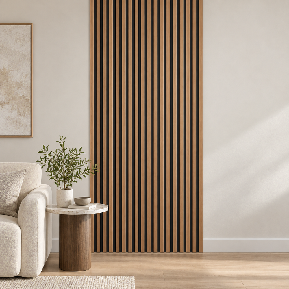 Illustrative warm woodgrain internal cladding in a neutral interior