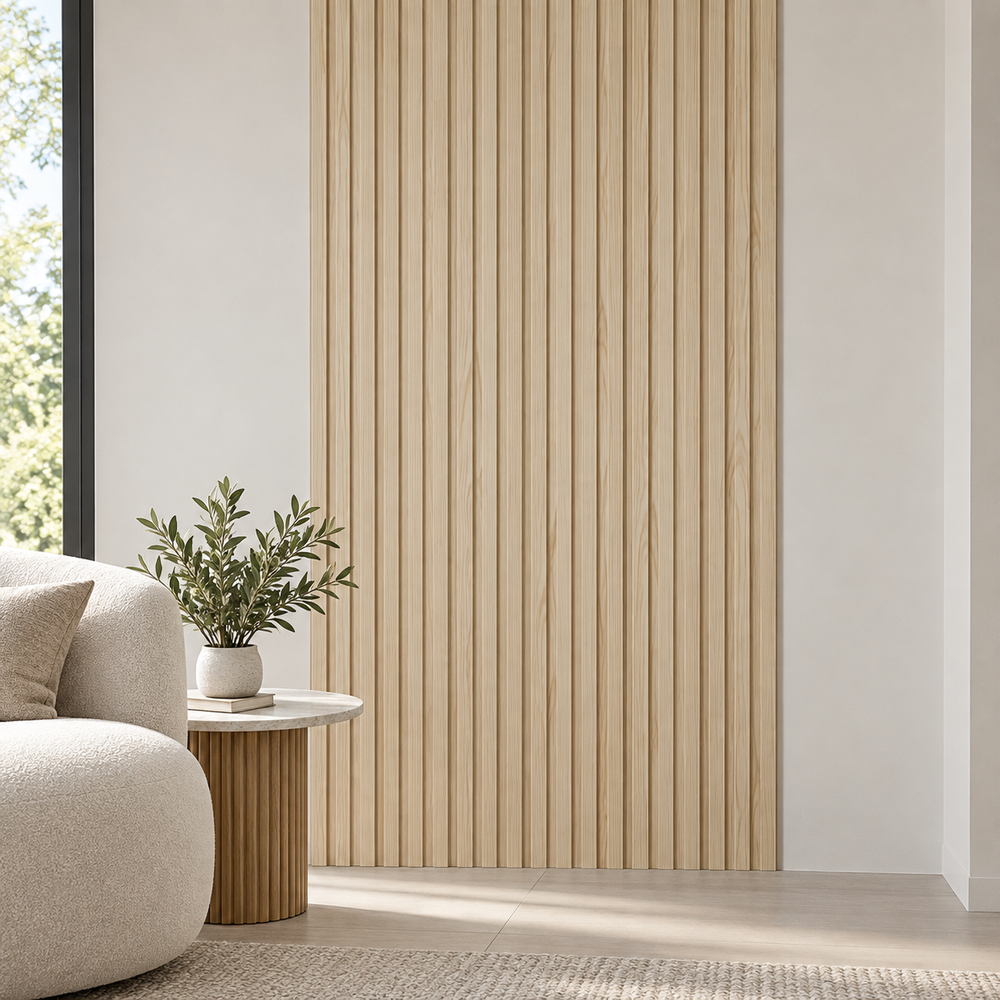 Illustrative pale woodgrain cladding in an interior